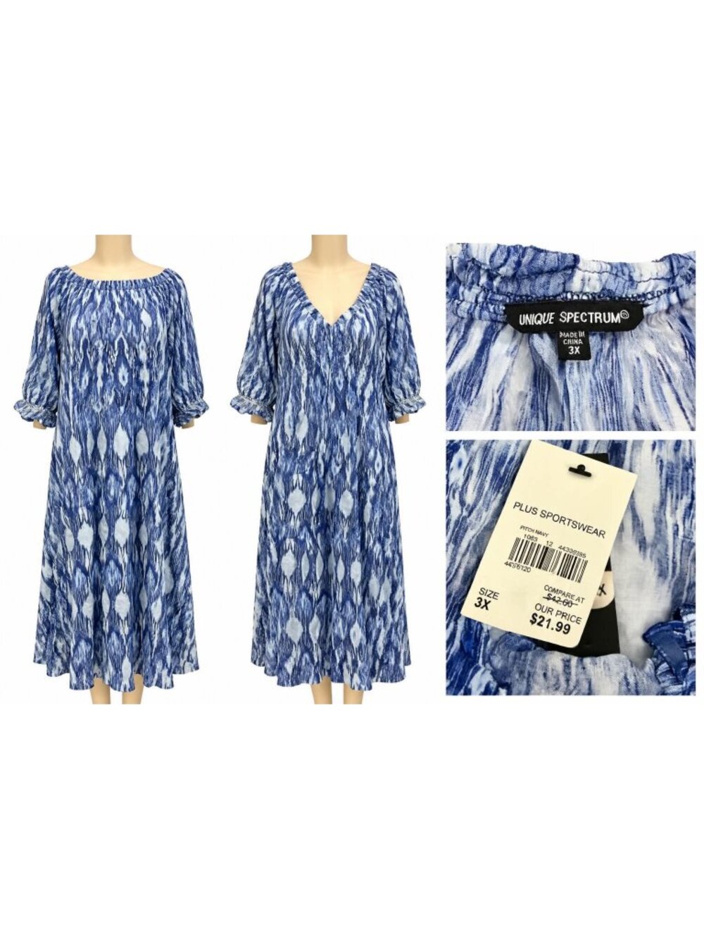Unique Spectrum Women’s Plus Size 3X Blue and White Abstract Print Maxi Dress Ne